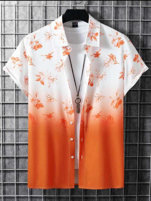 SHIVFORYOU Men Printed Casual Orange, White Shirt