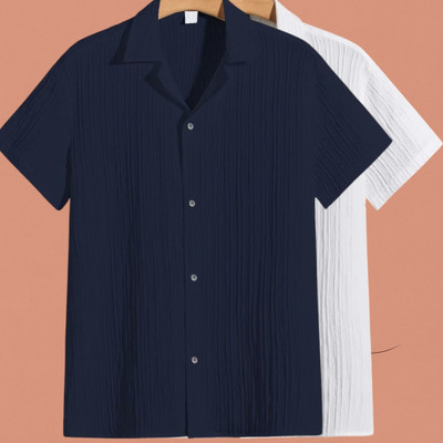 Looksky Men Self Design, Solid Casual Dark Blue, White Shirt(Pack of 2)