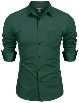 MUMIN Men Solid Casual Dark Green Shirt