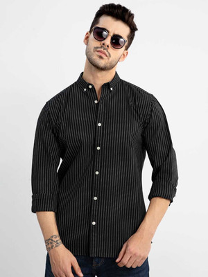Snitch Men Striped Casual Black Shirt
