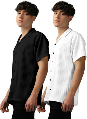 OXXOM Men Self Design, Striped Casual Black, White Shirt(Pack of 2)