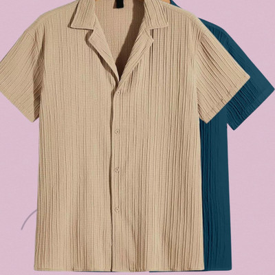 Jenil Fashion Men Self Design Casual Cream, Blue Shirt(Pack of 2)