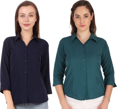 Hunoor Women Solid Casual Green, Grey Shirt(Pack of 2)