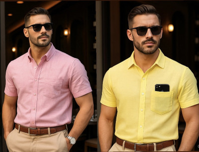 LUCKY COLLECTIOS Men Solid Formal Green, Pink Shirt(Pack of 2)