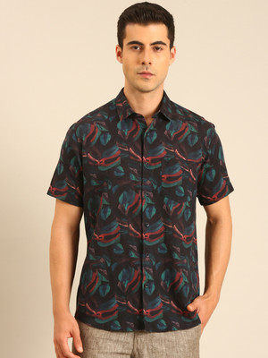 Linen Club Men Printed Casual Black Shirt