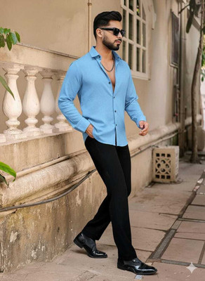 TT EXPORT Men Solid Casual Blue Shirt