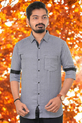 PUBHIZA Men Checkered Casual Dark Blue Shirt