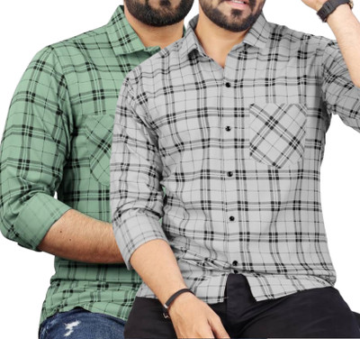 Click Everyday Men Checkered Casual Green, Grey Shirt(Pack of 2)