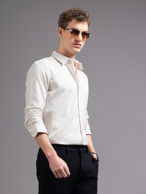 British Club Men Solid Casual Cream Shirt