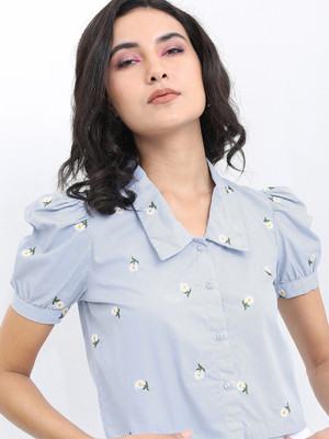 Tokyo Talkies Women Printed Casual Blue Shirt