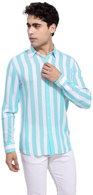 BMR Men Striped Casual White, Light Blue Shirt