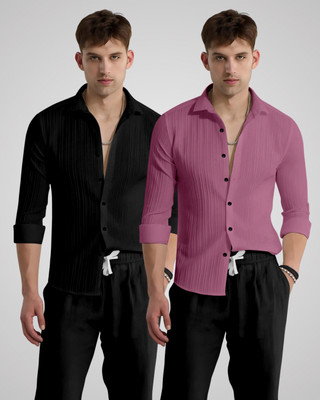 KRUZEE Men Self Design Casual Black, Pink Shirt(Pack of 2)