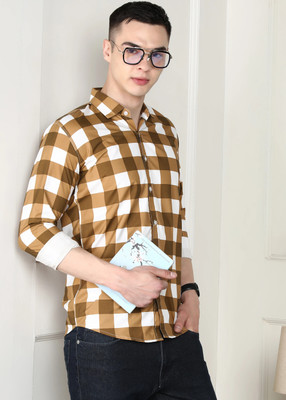 FUBAR Men Checkered Casual Brown Shirt