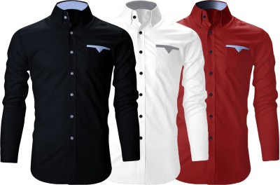 ROYAL SCOUT Men Solid Casual Black, White, Red Shirt(Pack of 3)