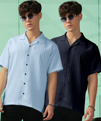 FOXTER Men Self Design Casual Blue Shirt(Pack of 2)