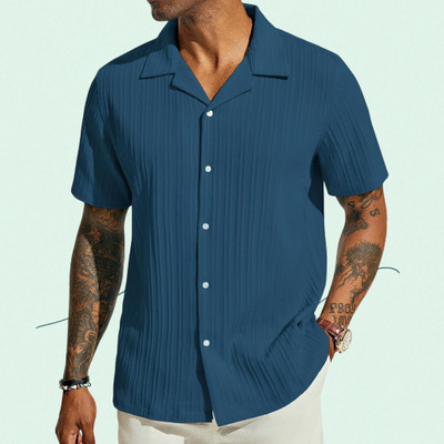 A Sti Men Self Design Casual Blue Shirt