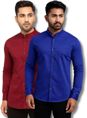 COTTONCHHAP Men Solid Casual Maroon, Dark Blue Shirt(Pack of 2)