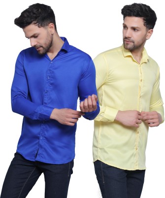 FILNECH Men Solid Casual Blue, Beige Shirt(Pack of 2)