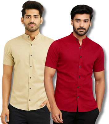 GOD HEART Men Solid Casual Beige, Maroon Shirt(Pack of 2)