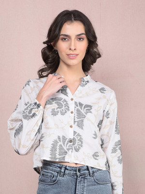 CRIMSOUNE CLUB Women Floral Print Casual Beige, White Shirt