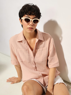 ONLY Women Self Design Casual Pink Shirt