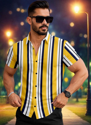 Varni Creation Men Striped Casual Yellow Shirt
