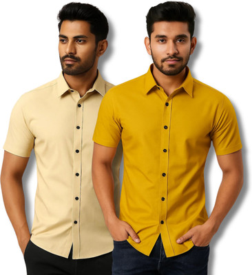 RAREMARK Men Solid Formal Beige, Yellow Shirt(Pack of 2)