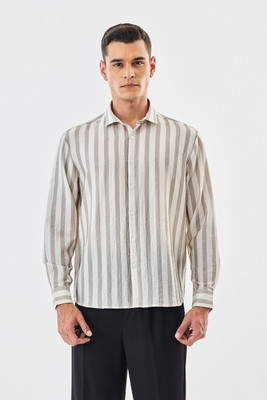 Snitch Men Striped Casual Grey, Brown Shirt