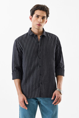 Snitch Men Striped Casual Black Shirt