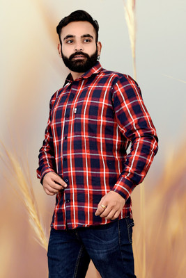 Marc Laurent Men Checkered Formal Dark Blue, Red Shirt
