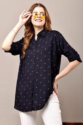 stylemyth Women Printed Casual Dark Blue Shirt