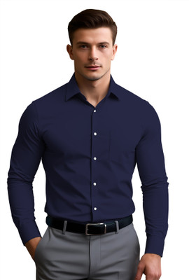 HASINI Fashion Men Solid Formal Dark Blue Shirt