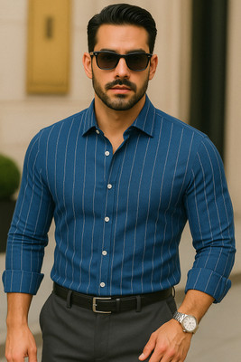 SOLSTICE Men Striped Casual Blue Shirt