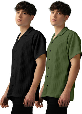 OXXOM Men Self Design, Striped Casual Black, Green Shirt(Pack of 2)