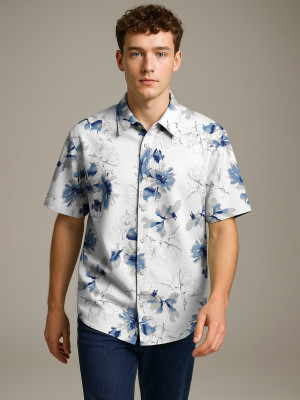 Bullmer Men Printed Casual White, Blue Shirt