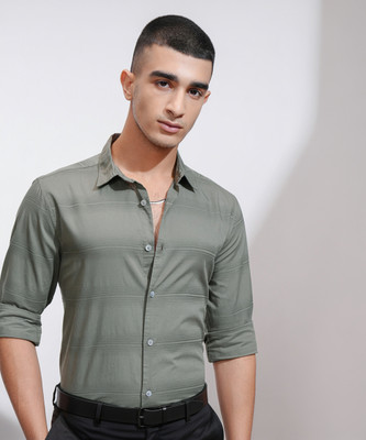 HIGHLANDER Men Striped Casual Green Shirt