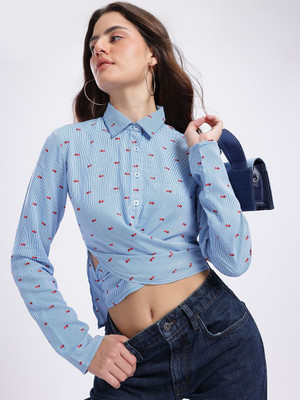 Glitchez Women Striped Casual Blue Shirt