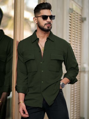 MANIAC Men Solid Casual Dark Green Shirt