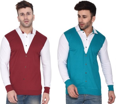 GEUM Men Solid Formal White, Maroon, Blue Shirt(Pack of 2)