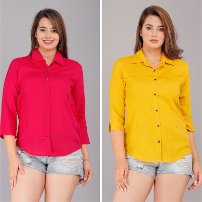 GEHU GARMENTS Women Solid Casual Yellow, Red Shirt(Pack of 2)