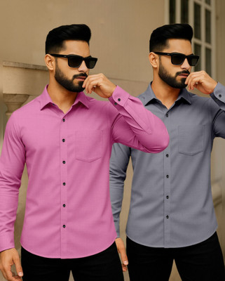 AITAVIKOVERSEAS Men Solid Casual Pink, Grey Shirt(Pack of 2)