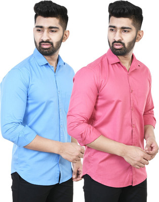 Feel high Men Solid Casual Blue, Pink Shirt(Pack of 2)