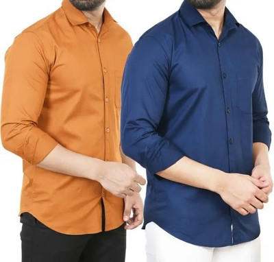 Hansroop Men Solid Casual Dark Blue, Brown Shirt(Pack of 2)