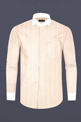 french crown Men Striped Formal Cream Shirt
