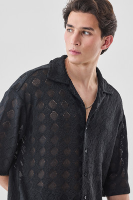 Snitch Men Self Design Casual Black Shirt