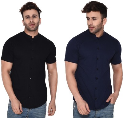 Trendfull Men Solid Casual Dark Blue, Black Shirt(Pack of 2)