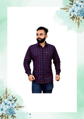 Arthz Fashion Trend Men Checkered Casual Dark Blue, Maroon Shirt