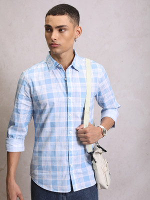 HIGHLANDER Men Checkered Casual Light Blue, White Shirt