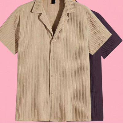 Looksky Men Self Design Casual Cream, Purple Shirt(Pack of 2)