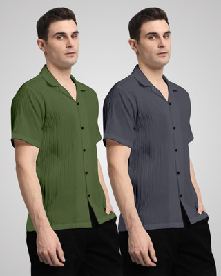 HEMAS LIFESTYLE Men Self Design, Solid Casual Green, Grey Shirt(Pack of 2)